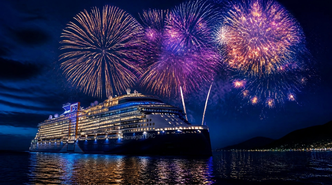 Norwegian Epic cruise ship at night with New Year's fireworks