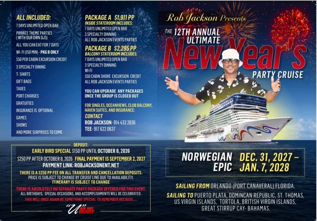 Ultimate New Year's Party Cruise flyer with package details and itinerary